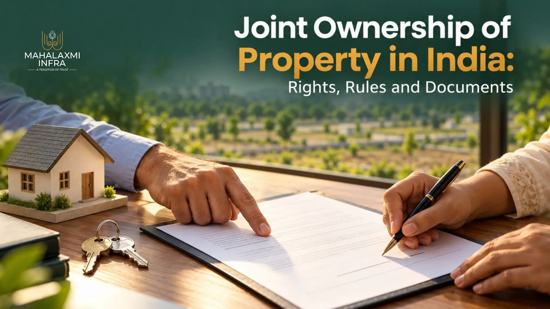 Joint property ownership in India with co-owners signing documents.